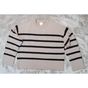 H&M Loose Fit Heather Tan Black Striped Crewneck Sweater Womens Size L